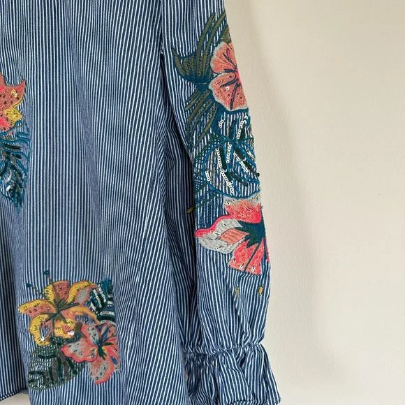 Zara Floral Embroidered Denim Striped Balloon Puff Sleeve Top SMALL - Picture 4 of 12